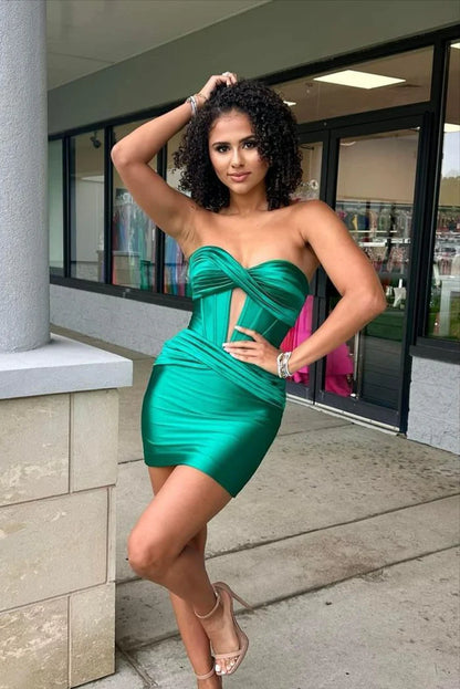 Strapless Keyhole Ruched Satin Sheath Homecoming Dress