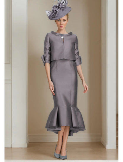 Mermaid / Trumpet Mother of the Bride Dress Formal Fall Wedding Guest Elegant Jewel Neck Tea Length Satin Half Sleeve with Buttons