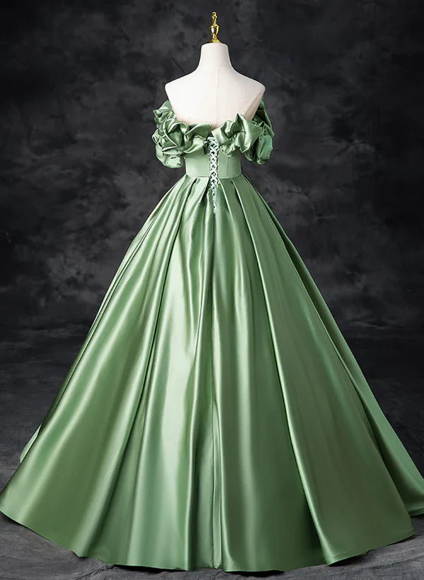 Green Satin Off Shoulder Long Party Dress A-line Green Prom Dress Quinceanera Dress