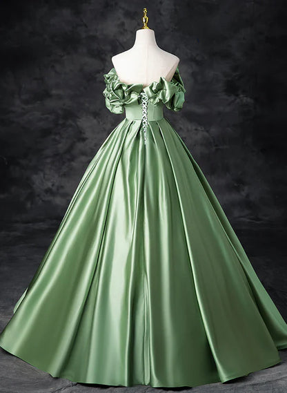 Green Satin Off Shoulder Long Party Dress A-line Green Prom Dress Quinceanera Dress