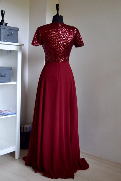 Handmade Burgundy Chiffon Sequin Bridesmaid Dress Short Sleeve Full Length Sequin Mother Of Bride Dress