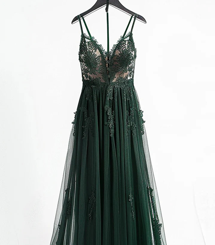 A-line V-neckline Spaghetti Strap Tulle with Lace Green Prom Dress Evening Dress