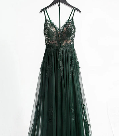 A-line V-neckline Spaghetti Strap Tulle with Lace Green Prom Dress Evening Dress