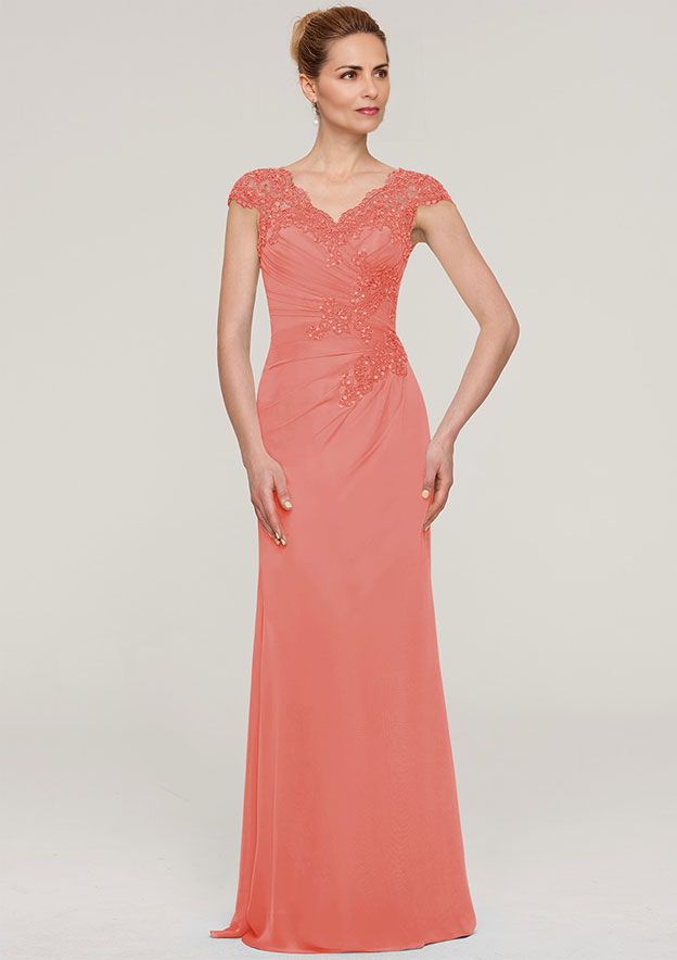 Sheath/Column V Neck Sleeveless Chiffon Mother of the Bride Dress With Pleated Appliqued Beading