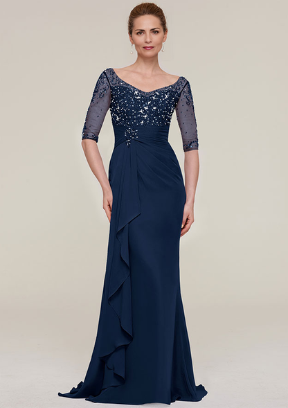 Sheath/Column V Neck Half Sleeve Sweep Train Chiffon Mother of the Bride Dress