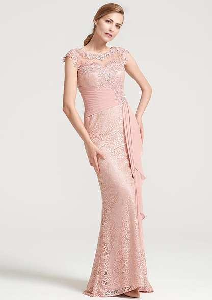 Sheath/Column Bateau Sleeveless Long Lace Dress With Ruffles Appliqued Pleated