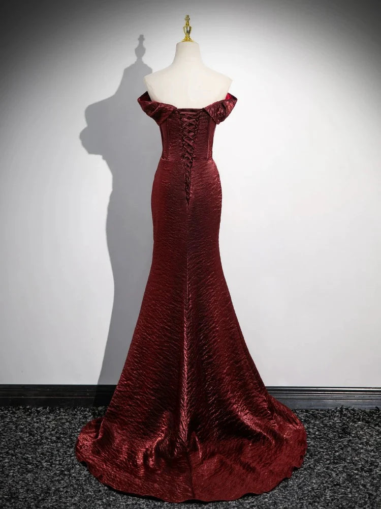 Mermaid Off Shoulder Satin Burgundy Long Corset Prom Dress Formal Dress With Sweep Train