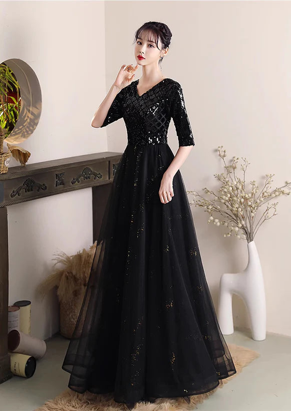Black A-line V-Neck Sequins and Tulle Long Formal Dress Wedding Party Dress