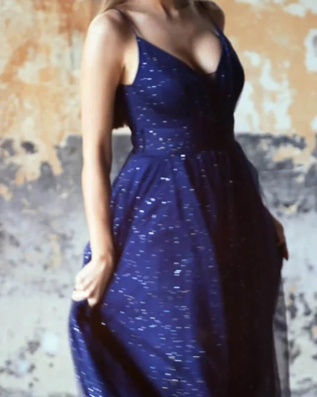 Sparkly Navy Blue Tulle V-neck Lace Up Back Split Dress A-Line Princess Prom Dresses