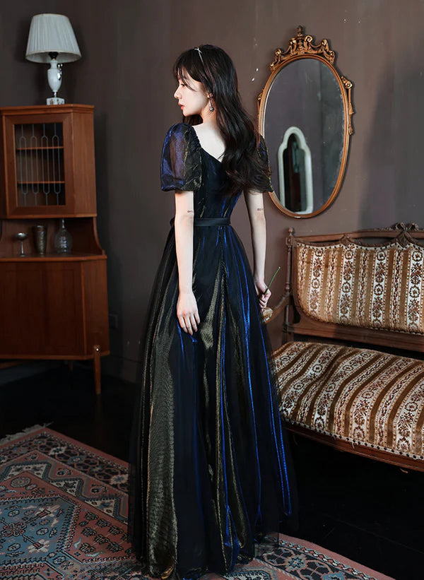 Glitter Black A-line Ballgown Short Sleeves Tulle Long Formal Dress Evening Dress Prom Dress