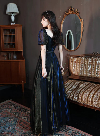 Glitter Black A-line Ballgown Short Sleeves Tulle Long Formal Dress Evening Dress Prom Dress