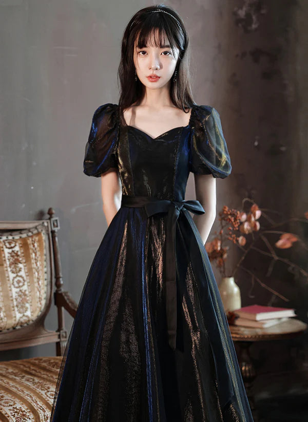 Glitter Black A-line Ballgown Short Sleeves Tulle Long Formal Dress Evening Dress Prom Dress