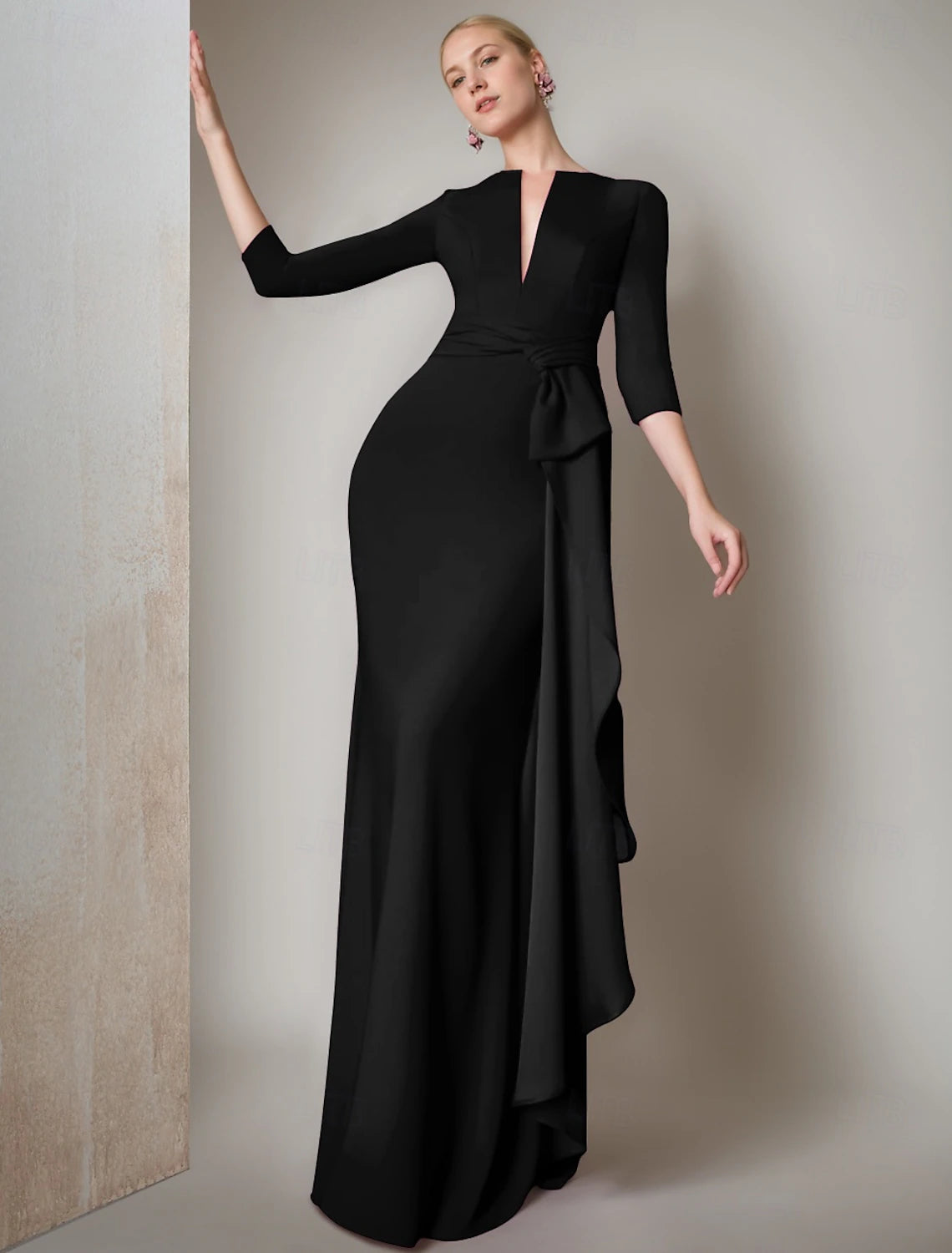 Mermaid / Trumpet Evening Gown Formal 3/4 Length Sleeve V Neck Stretch Crepe with Feather Ruched Ruffles