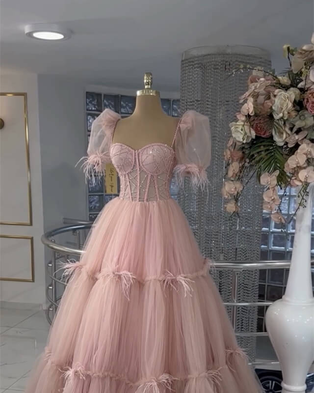 Pink Tiered Tulle Ball Gown Puffy Sleeves Dress A-Line Princess Prom Dresses