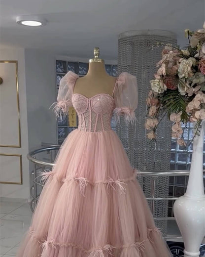 Pink Tiered Tulle Ball Gown Puffy Sleeves Dress A-Line Princess Prom Dresses