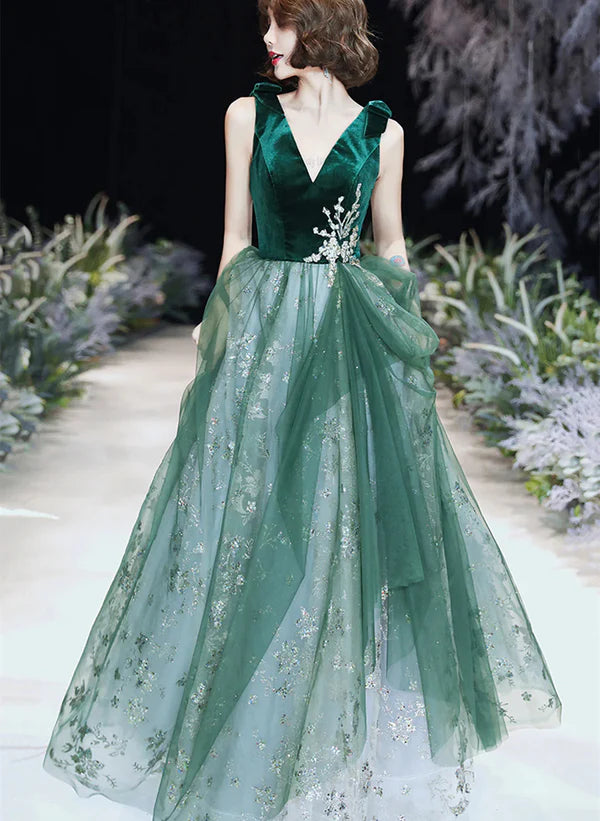 Green A-line V-Neck Tulle Long Evening Dress Prom Dress Tulle Party Dress