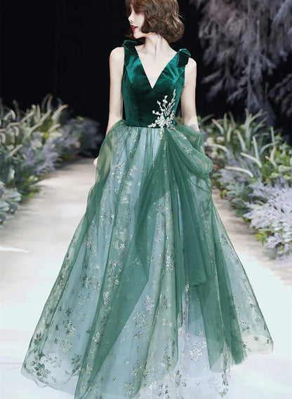 Green A-line V-Neck Tulle Long Evening Dress Prom Dress Tulle Party Dress