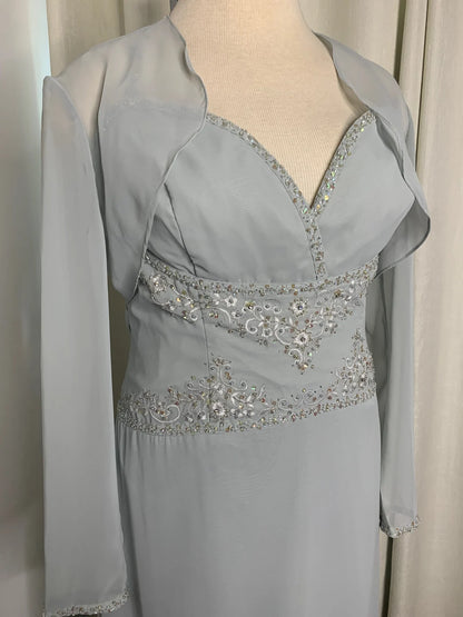Gorgeous Ocean Gray Beaded Formal Gown Chiffon Mother of the Bride Dresse Long Sleeve Chiffon Dress