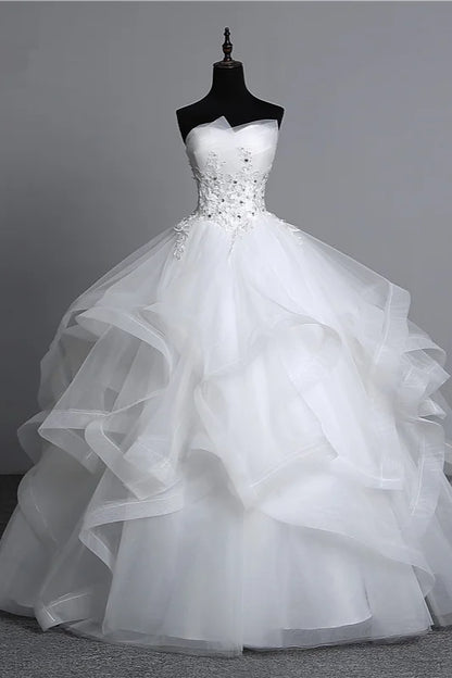 Strapless Layers Wedding Gown With Appliques Beadings