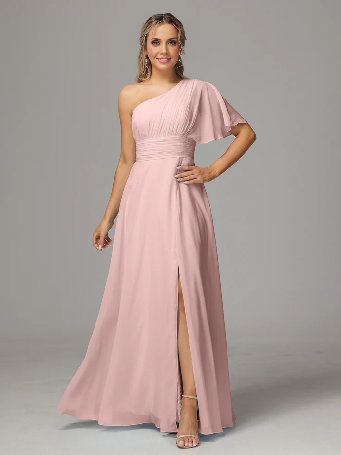One Shoulder Chiffon Floor-length Bridesmaid Dresses With Slit