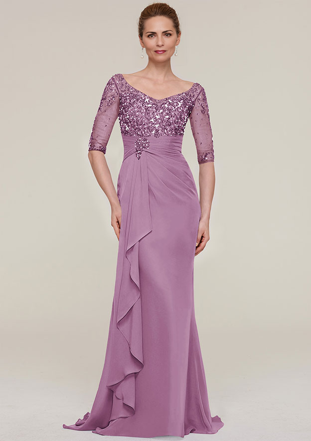 Sheath/Column V Neck Half Sleeve Sweep Train Chiffon Mother of the Bride Dress