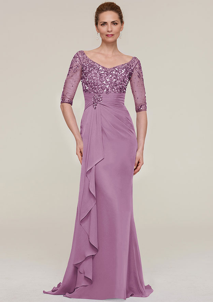 Sheath/Column V Neck Half Sleeve Sweep Train Chiffon Mother of the Bride Dress
