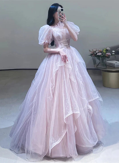A-Line Princess Pink Off Shoulder Tulle Beaded Sweetheart Bubble Sleeved Ballgown Evening Dress Prom Dress