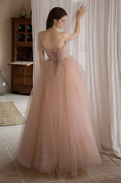 A-Line Princess Pink Tulle Off Shoulder Beaded Long Party Dress Tulle Prom Dress