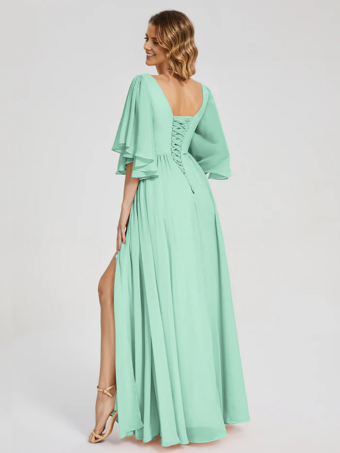 A-Line V-neck Half Sleeves Slit Chiffon Bridesmaid Dress Wedding Guest Party Dress