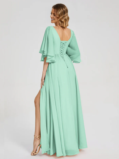 A-Line V-neck Half Sleeves Slit Chiffon Bridesmaid Dress Wedding Guest Party Dress