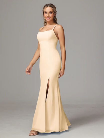 Spaghetti Straps Cross Back Chiffon Long Bridesmaid Dress With Slit