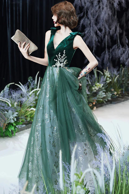 Green A-line V-Neck Tulle Long Evening Dress Prom Dress Tulle Party Dress
