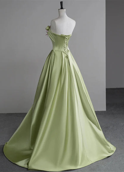Green A-line Ballgown Satin with Flowers Long Evening Dress Satin Prom Dress