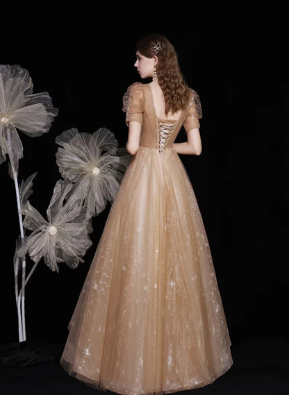 Champagne A-line V-neckline Tulle Short Sleeves Party Dress Long Prom Dress