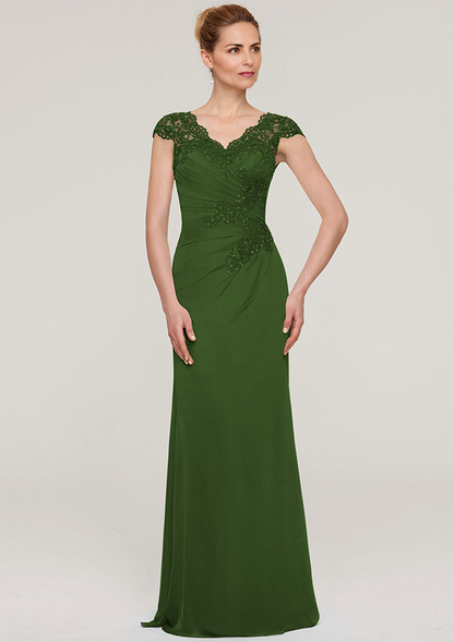 Sheath/Column V Neck Sleeveless Chiffon Mother of the Bride Dress With Pleated Appliqued Beading
