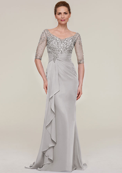 Sheath/Column V Neck Half Sleeve Sweep Train Chiffon Mother of the Bride Dress