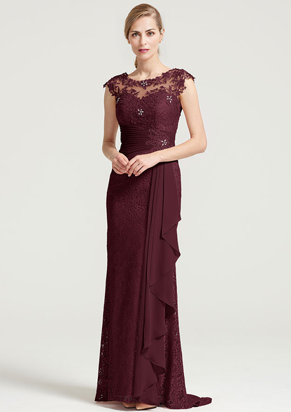 Sheath/Column Bateau Sleeveless Long Lace Dress With Ruffles Appliqued Pleated