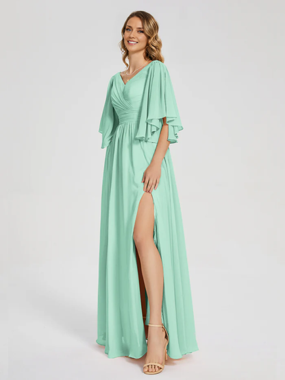 A-Line V-neck Half Sleeves Slit Chiffon Bridesmaid Dress Wedding Guest Party Dress