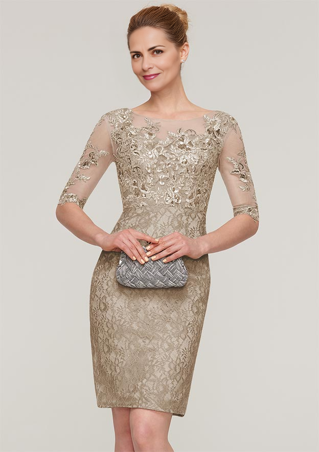 Half Sleeve Knee-Length Lace Mother of the Bride Dress With Sequins Appliqued