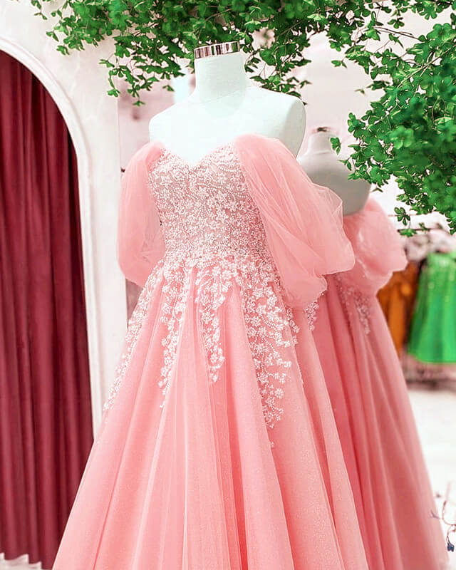 Blush Tulle A-line Off Shoulder Appliques Dress Floor-length Prom Dresses