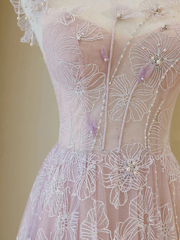 Light Pink Round Neckline Lace Long Prom Dress A-line Pink Floor Length Party Dress