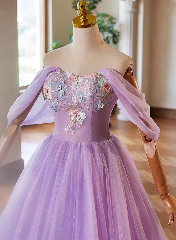 A-Line Princess Tulle Light Purple Sweethart Lace Applique Party Dress Prom Dress