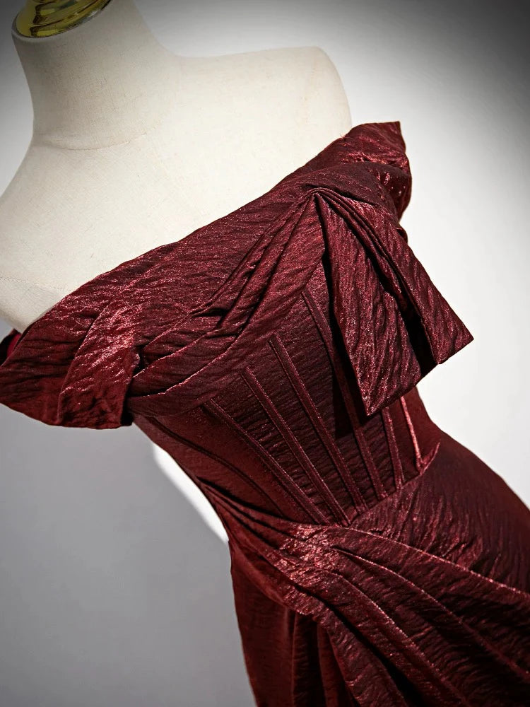 Mermaid Off Shoulder Satin Burgundy Long Corset Prom Dress Formal Dress With Sweep Train
