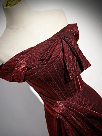 Mermaid Off Shoulder Satin Burgundy Long Corset Prom Dress Formal Dress With Sweep Train