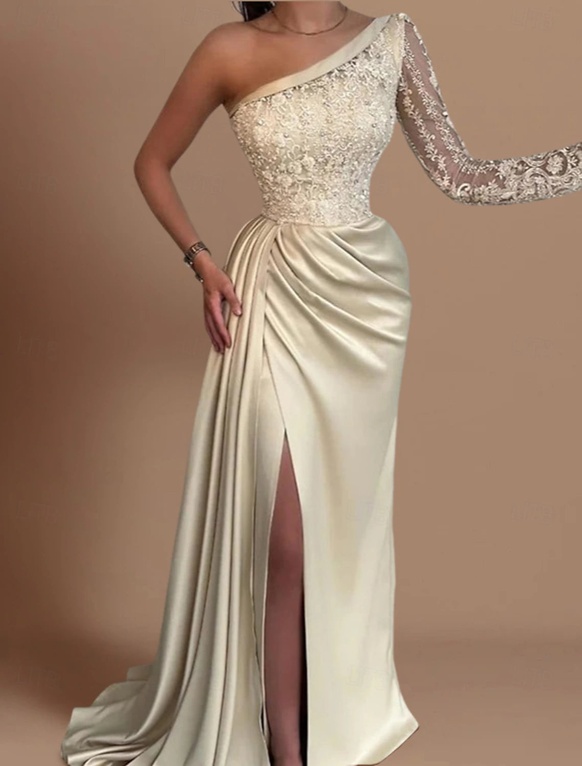 Mermaid / Trumpet Gold Evening Gown Wedding Guest Sweep / Brush Train Long Sleeve One Shoulder Bridesmaid Dress Satin with Rhinestone Appliques