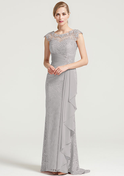 Sheath/Column Bateau Sleeveless Long Lace Dress With Ruffles Appliqued Pleated