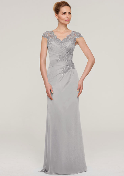 Sheath/Column V Neck Sleeveless Chiffon Mother of the Bride Dress With Pleated Appliqued Beading