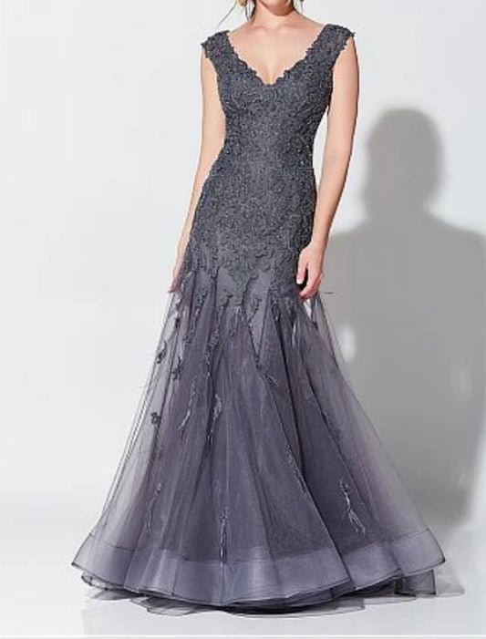 Mermaid / Trumpet Elegant Wedding Guest Evening Dress V Neck Sleeveless Floor Length Tulle with Appliques