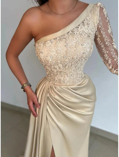 Mermaid / Trumpet Gold Evening Gown Wedding Guest Sweep / Brush Train Long Sleeve One Shoulder Bridesmaid Dress Satin with Rhinestone Appliques