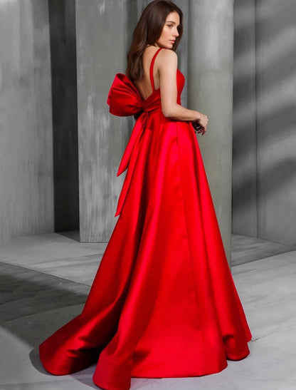 A-Line Evening Gown Christmas Dress Sleeveless V Neck Satin with Bow(s)